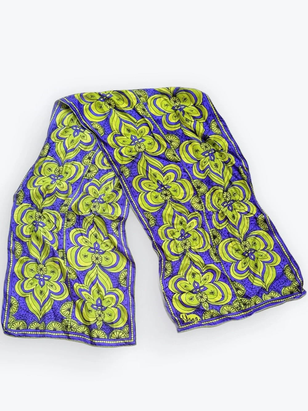 Bohemian Jet-Setting Psychedelic Mod Floral Medallion 60s Hand-Rolled Silk Scarf